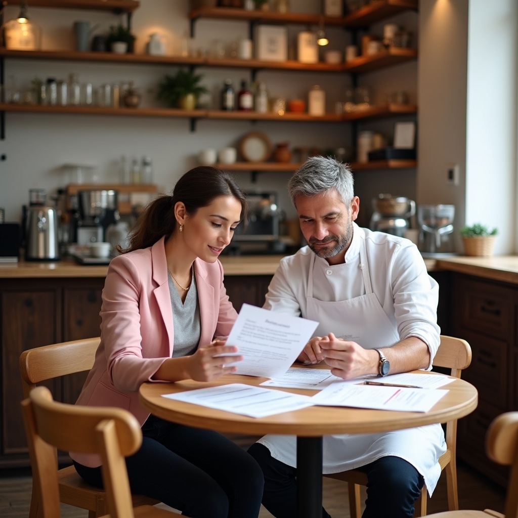 Consulente energetico che illustra i risultati al titolare di un esercizio