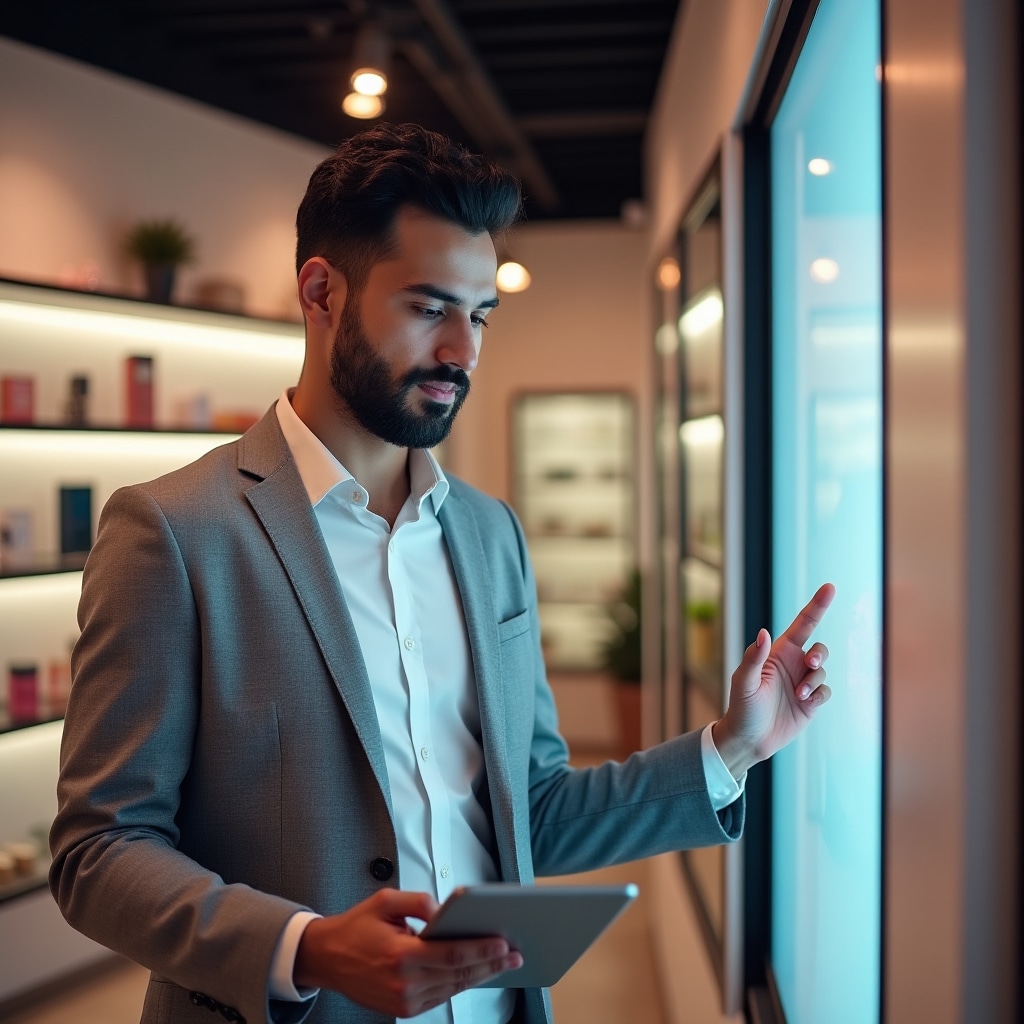 Consulente che effettua un sopralluogo energetico in un piccolo negozio